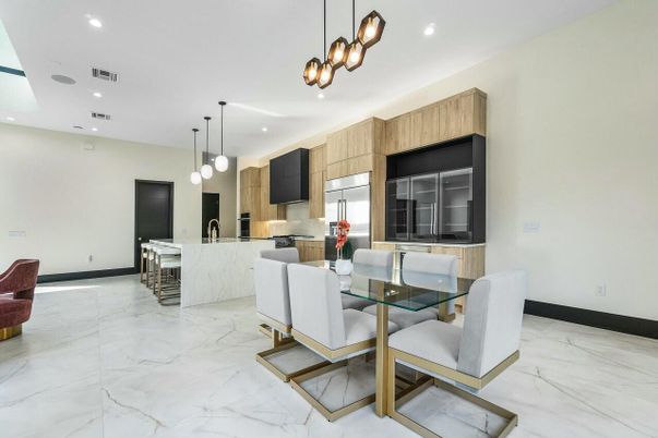 Dining room, Interior, Kitchen, Marble, Pendant Lights, Recessed Lighting, Stainless Steel Appliances