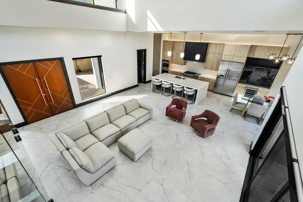 Dining room, Interior, Kitchen, Living room, Marble, Pendant Lights, Stainless Steel Appliances