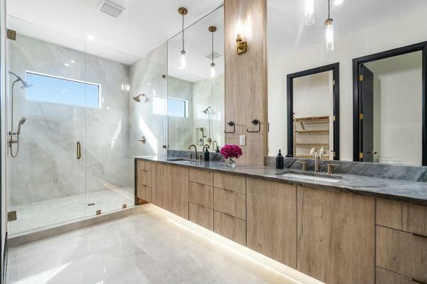 Bathroom, Dual Sink Vanities, Glass Shower, Interior, Marble Walls, Pendant Lights, Recessed Lighting