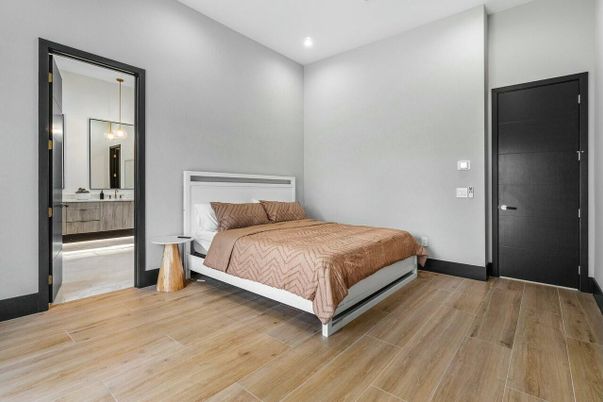 Bedroom, Interior, Pendant Lights, Recessed Lighting, Wood Texture Flooring