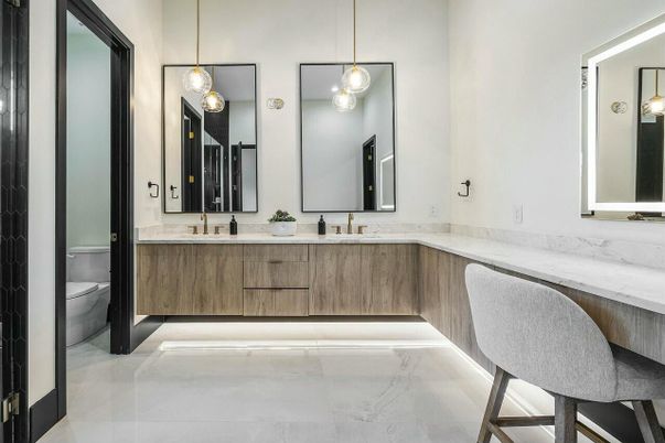 Bathroom, Dual Sink Vanities, Interior, Marble, Pendant Lights