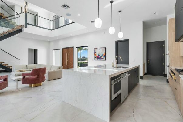 Interior, Kitchen, Living room, Marble, Pendant Lights, Recessed Lighting