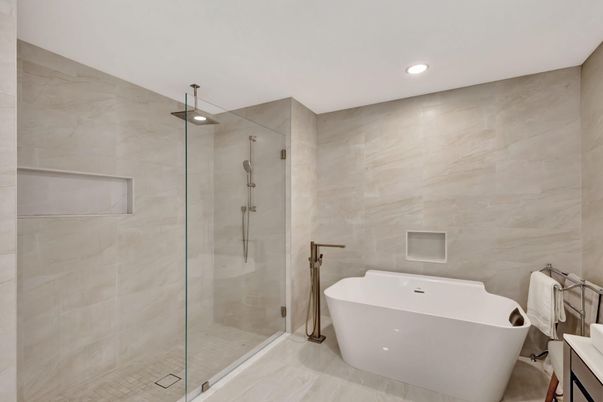 Bathroom, Free Standing Baths, Glass Shower, Interior, Marble Walls, Recessed Lighting