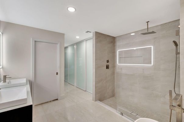 Bathroom, Glass Shower, Interior, Recessed Lighting