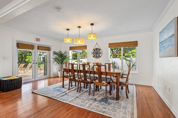 Dining room, Interior, Pendant Lights, Wood Texture Flooring