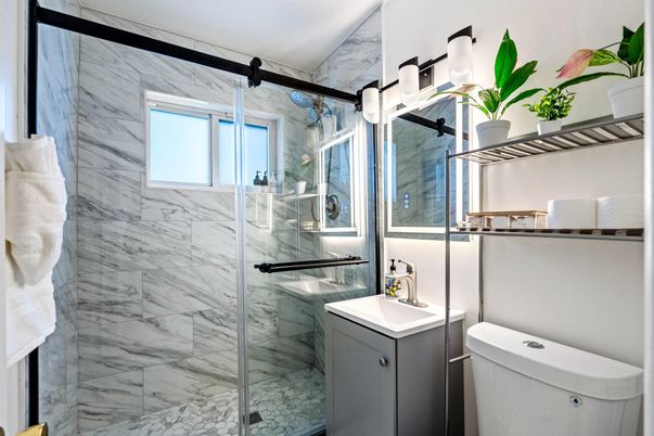 Bathroom, Glass Shower, Interior, Marble Walls