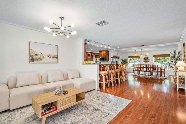 Dining room, Interior, Kitchen, Living room, Pendant Lights, Wood Texture Flooring