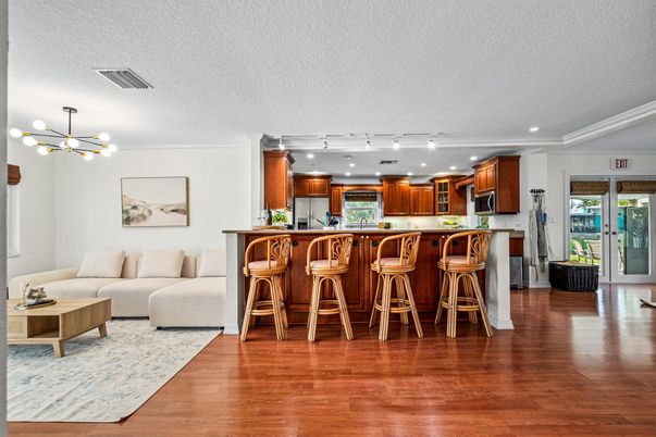 Interior, Kitchen, Living room, Pendant Lights, Recessed Lighting, Wood Texture Flooring