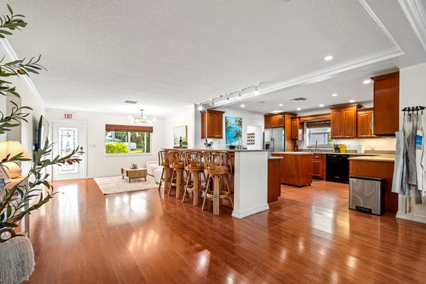 Interior, Kitchen, Pendant Lights, Recessed Lighting, Wood Texture Flooring