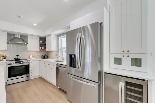 Interior, Kitchen, Recessed Lighting, Stainless Steel Appliances, Wood Texture Flooring