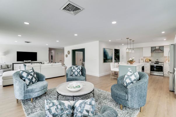 Dining room, Interior, Kitchen, Living room, Pendant Lights, Recessed Lighting, Stainless Steel Appliances, Wood Texture Flooring