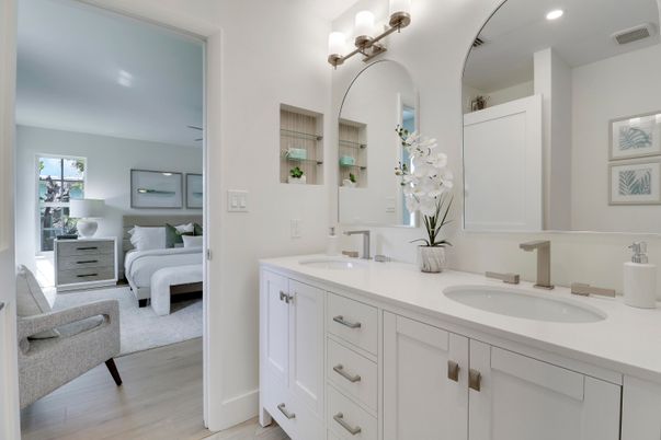 Bathroom, Bedroom, Dual Sink Vanities, Interior, Recessed Lighting, Wood Texture Flooring