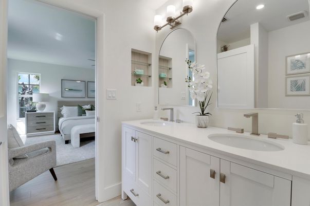 Bathroom, Bedroom, Dual Sink Vanities, Interior, Recessed Lighting, Wood Texture Flooring