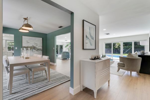 Dining room, Interior, Living room, Recessed Lighting, Wood Texture Flooring