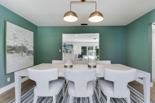 Dining room, Interior, Pendant Lights, Recessed Lighting, Wood Texture Flooring