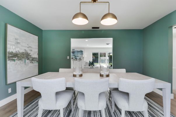 Dining room, Interior, Pendant Lights, Recessed Lighting, Wood Texture Flooring