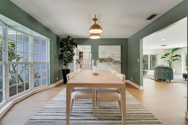 Dining room, Interior, Recessed Lighting, Wood Texture Flooring