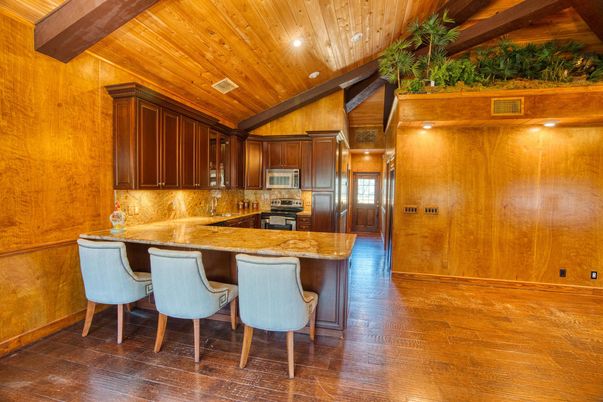 Interior, Kitchen, Recessed Lighting, Stainless Steel Appliances, Wooden Beams, Wooden Ceilings, Wood Texture Flooring