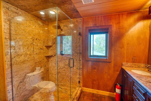 Bathroom, Glass Shower, Interior, Wood Texture Flooring, Wooden Walls