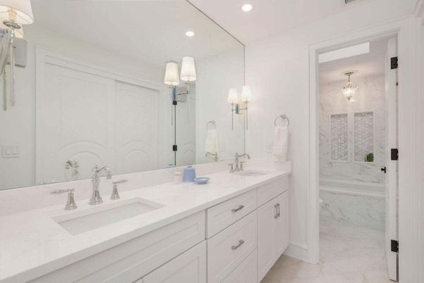 Bathroom, Dual Sink Vanities, Interior, Marble, Marble Walls, Recessed Lighting
