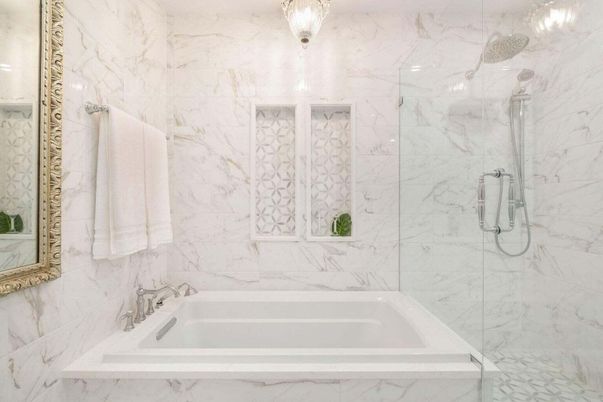 Bathroom, Glass Shower, Interior, Marble Walls