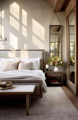 Bedroom, Interior, Pendant Lights, Wooden Beams, Wood Texture Flooring