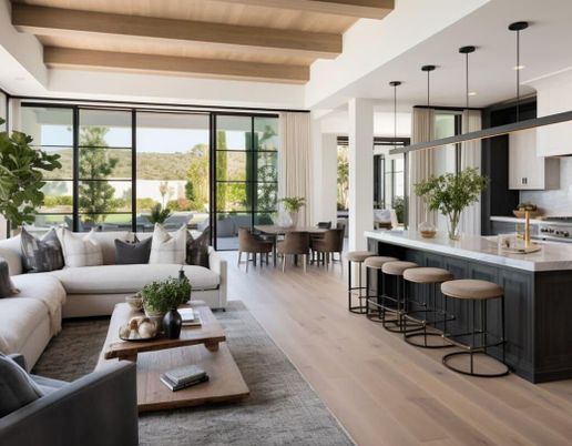 Dining room, Interior, Kitchen, Living room, Pendant Lights, Stainless Steel Appliances, Wooden Beams, Wooden Ceilings, Wood Texture Flooring