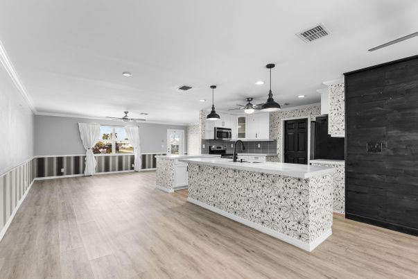 Interior, Kitchen, Pendant Lights, Recessed Lighting, Wood Texture Flooring