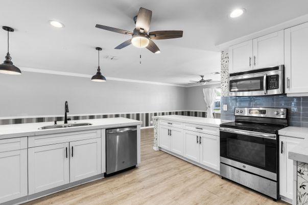 Interior, Kitchen, Pendant Lights, Recessed Lighting, Stainless Steel Appliances, Wood Texture Flooring