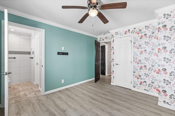 Bathroom, Empty room, Glass Shower, Interior, Recessed Lighting, Wood Texture Flooring