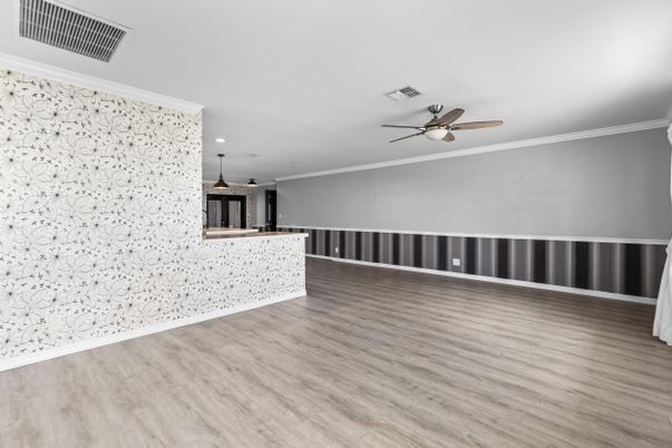 Empty room, Interior, Pendant Lights, Recessed Lighting, Wood Texture Flooring