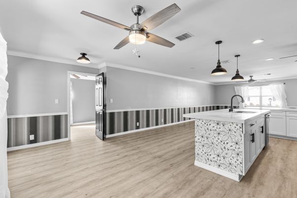 Interior, Kitchen, Pendant Lights, Recessed Lighting, Wood Texture Flooring