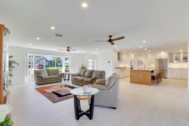 Interior, Kitchen, Living room, Recessed Lighting, Wood Texture Flooring