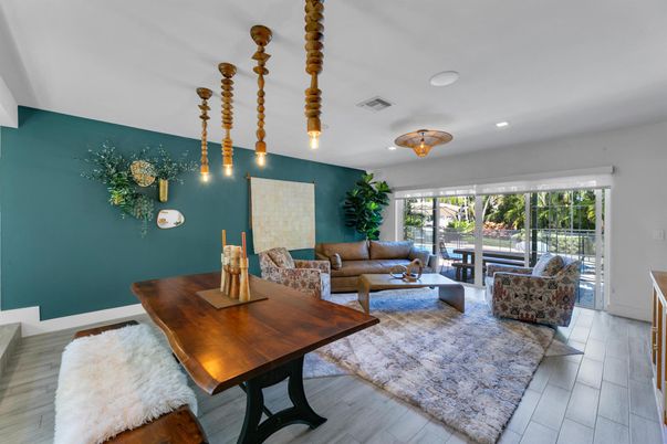 Dining room, Interior, Living room, Pendant Lights, Recessed Lighting, Wood Texture Flooring