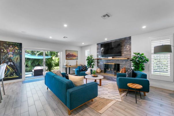 Fireplace, Interior, Living room, Recessed Lighting, Wood Texture Flooring