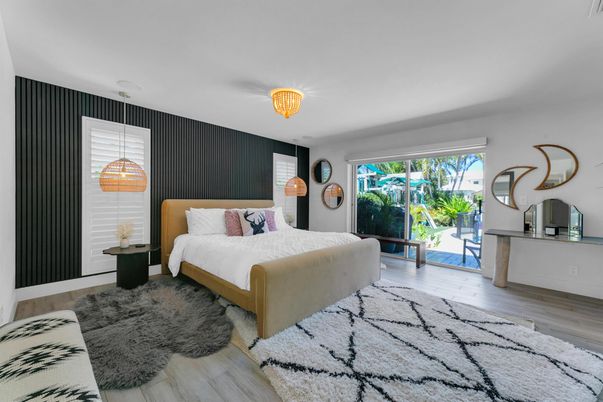 Bedroom, Interior, Pendant Lights, Wood Texture Flooring