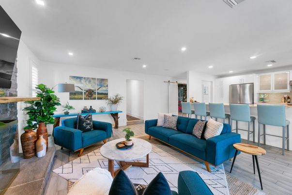 Dining room, Interior, Kitchen, Living room, Recessed Lighting, Stainless Steel Appliances, Wood Texture Flooring