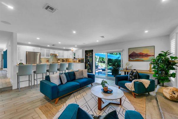 Interior, Kitchen, Living room, Recessed Lighting, Stainless Steel Appliances, Wood Texture Flooring