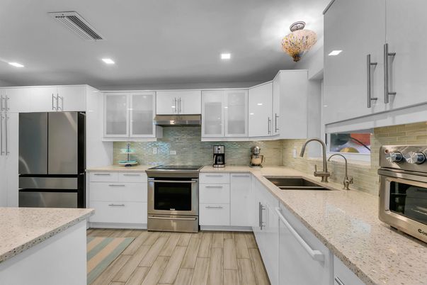 Interior, Kitchen, Recessed Lighting, Stainless Steel Appliances, Wood Texture Flooring
