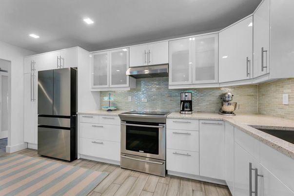 Interior, Kitchen, Recessed Lighting, Stainless Steel Appliances, Wood Texture Flooring