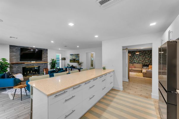 Fireplace, Interior, Kitchen, Living room, Pendant Lights, Recessed Lighting, Wood Texture Flooring