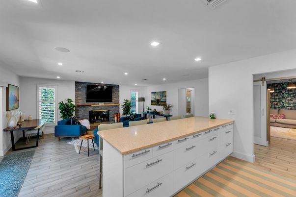 Fireplace, Interior, Living room, Recessed Lighting, Wood Texture Flooring
