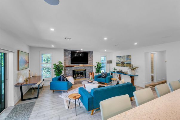 Fireplace, Interior, Living room, Recessed Lighting, Wood Texture Flooring