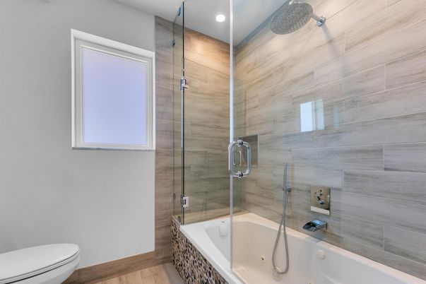 Bathroom, Glass Shower, Interior, Recessed Lighting, Wood Texture Flooring