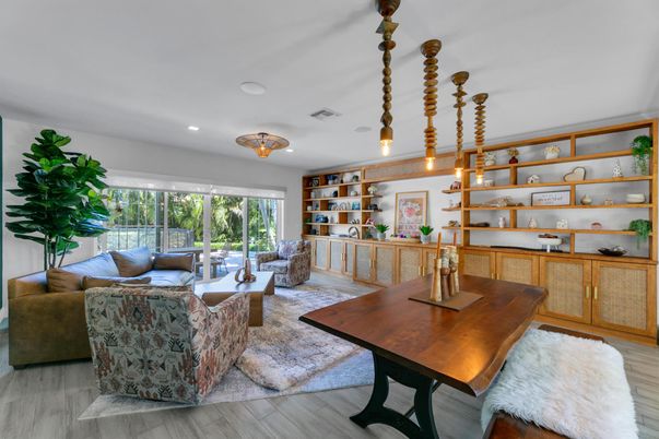Dining room, Interior, Living room, Pendant Lights, Recessed Lighting, Wood Texture Flooring