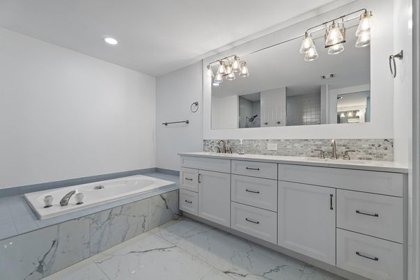 Bathroom, Dual Sink Vanities, Interior, Marble, Recessed Lighting