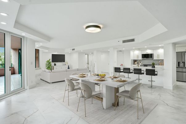 Dining room, Interior, Kitchen, Living room, Marble, Recessed Lighting, Stainless Steel Appliances