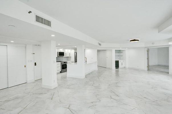 Empty room, Interior, Kitchen, Marble, Recessed Lighting, Stainless Steel Appliances