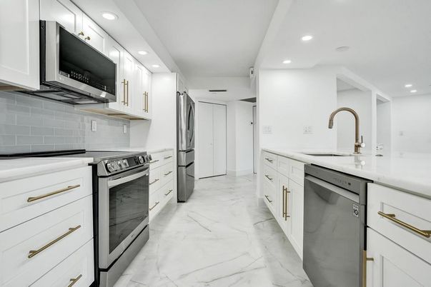 Interior, Kitchen, Marble, Recessed Lighting, Stainless Steel Appliances