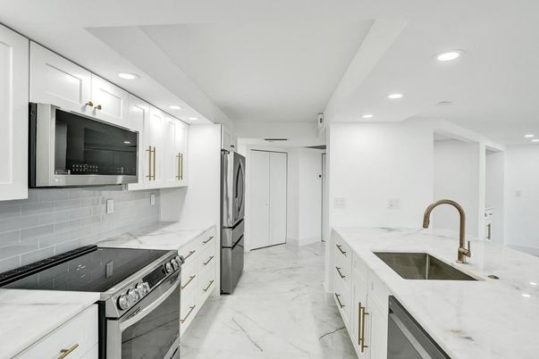 Interior, Kitchen, Marble, Recessed Lighting, Stainless Steel Appliances